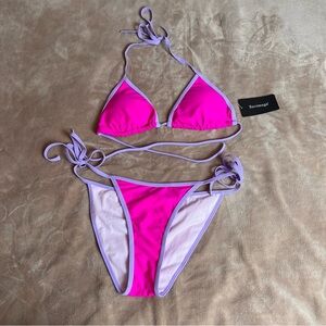 SUVI Neon Pink and Purple Classic Strappy Triangle Bikini Set - Size Medium